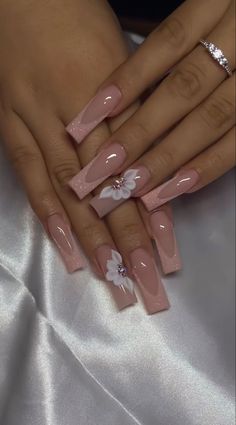 Nails With Acrylic Flowers Design, Rhinstone Patterns Nails Long, Pink Quince Nails Short Simple, Tapered Square Nails Designs Ideas, Sweet 16 Nails Short, Acrylics With Flowers, Short Nails With Gems, 16 Nails, Quince Nails