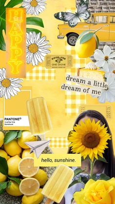 a collage with lemons, sunflowers and ice cream on yellow background