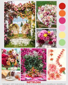 a collage of photos with flowers and chairs