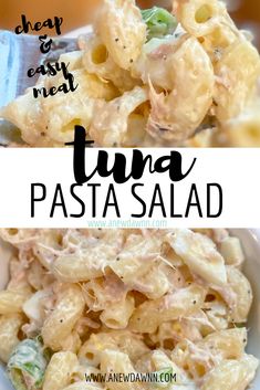 pasta salad with tuna and cheese in a white bowl