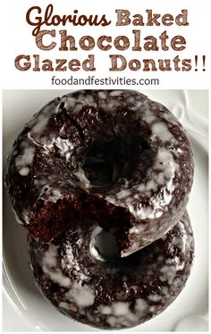 two chocolate glazed donuts stacked on top of each other with the words glocious baked