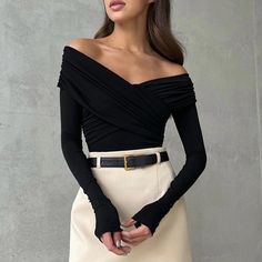 Off Shoulder Top · Green and Serene V Neck Blouse Outfit, Shoulder Off Top, How To Fold Sleeves, One Shoulder Top, Streetwear Tops, Fitted Blouses