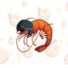 an orange and black shrimp with stars around it