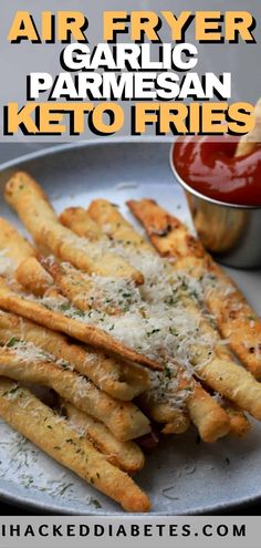 air fryer garlic parmesan keto fries on a plate with dipping sauce