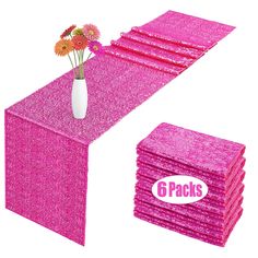 pink glitter table runner with flower vase and napkins for 6 - piece party pack