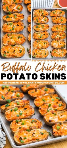 buffalo chicken potato skins on a baking sheet and in a pan with the recipe title