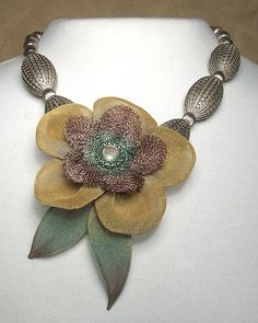 5-Petal Flower Necklace on Corrugated Bead Strand: Sarah Cavender: Metal Necklace | Artful Home Silver Beaded Flower Pendant Necklace, Elegant Flower Necklace With Beaded Chain, Beads Craft Jewelry, Beads Craft, Petal Flower, Craft Jewelry, Metal Necklace, Artful Home, Brooches Handmade