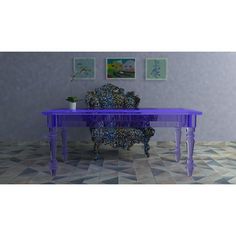 a purple table sitting on top of a tiled floor