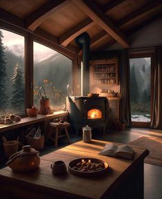 a living room filled with furniture and a fire place next to a window covered in snow