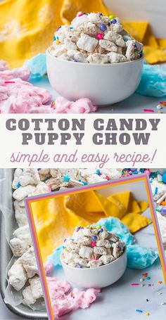 cotton candy puppy chow recipe in a bowl with sprinkles on the side