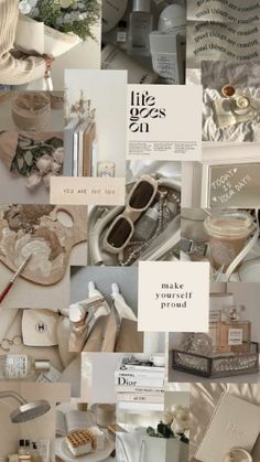 the collage shows many different items in white and beige colors, including shoes, hats,