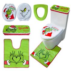 the grinch toilet cover and rugs are next to each other, including an oven mitt