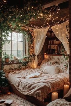 an unmade bed with lights strung from the ceiling and bookshelves above it