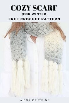 the cozy scarf for winter free crochet pattern is shown in white and gray