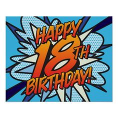 an image of happy 18th birthday card with pop art style lettering on blue background and halftone pattern