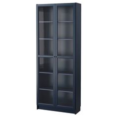 a tall glass door cabinet with shelves