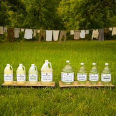 bottles of liquid are lined up in the grass