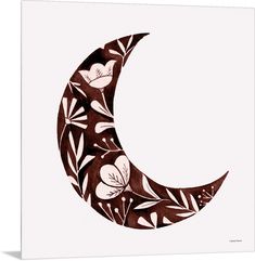 a drawing of a crescent with flowers on it's side, in brown and white