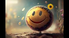 a yellow smiley face ball sitting on top of a dirt ground next to plants and flowers