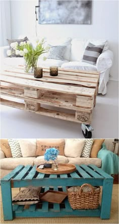 two pictures of different types of furniture made out of pallet wood, one in blue and the other in white