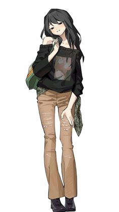 a drawing of a woman with long black hair and brown pants, holding a green purse