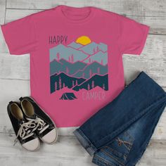 Happy Camper Shirt, Camper Shirt, Camping Tee, Cotton Gift Bag, Kids Adventure, Cotton Gifts, Hoodie Size Chart, Soft Ring, Happy Camper