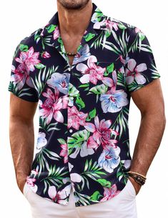 PRICES MAY VARY. LIGHTWEIGHT & COMFORTABLE FABRIC--- This hawaiian shirt for men is made of high quality soft & lightweight polyester fabric.Keeps you cool during hot summer days and gives you comfortable and nature skin feel. And the fabric is wrinkle free and will not need ironing so this is great to pack for your vacation HAWAIIAN PRINTED STYLE---The button dwon shirt men features with a tropical floral printed design, short sleeve, button down closure, regualar fit, camp collar, patch pocket Mens Beach Shirts, Camp Collar Shirt, Classy Design, Tropical Shirts, Tropical Summer, Beach Casual, Shorts Casual, Casual Summer Shirts, Mens Hawaiian Shirts