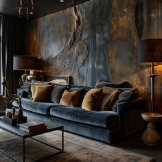 a living room filled with furniture and a large painting on the wall above it's headboard