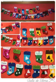 christmas stockings are hung on the wall with name tags attached to them and hanging from clothes pins