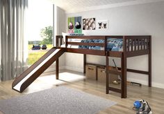 a bunk bed with a slide in front of it