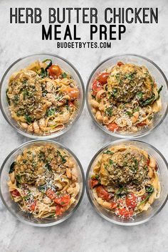 four clear bowls filled with different types of pasta and sauce on top of a marble table