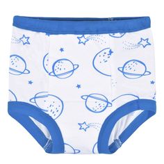 Let us help you take the stress out of potty training. Each pair of our space print training pants are super soft, easy-to-clean and designed for little hands to pull up and down all on their own. We use STANDARD 100 by OEKO-TEX certification on products tested in an independent laboratory against a list of more than 400 harmful substances, including PFAS. Playful Diaper Cover With Elastic Waistband For Playtime, Playful Diaper Cover With Elastic Waistband, Machine Washable Cotton Bottoms For Playtime, Playful White Pants For Playtime, Playful White Bottoms With Cartoon Print, Unisex Diaper Cover For Playtime, Blue Bottoms For Playtime, Machine Washable, Playful Long Pants For Playtime, Playful Cartoon Print Bottoms For Playwear