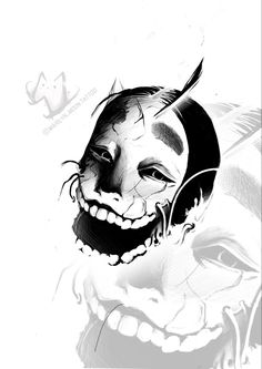 a black and white drawing of a clown's face