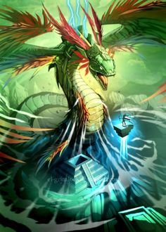 a green and red dragon sitting on top of a blue ball in the water with its wings