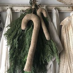 an arrangement of herbs hangs on the wall next to two old wooden utensils