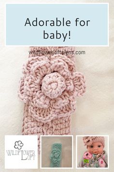 a crocheted headband with the words, adorable for baby written below it