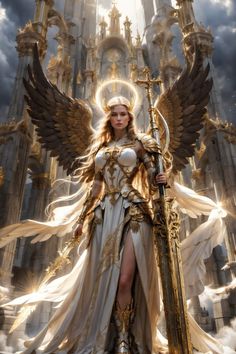 a woman dressed as an angel standing in front of a castle