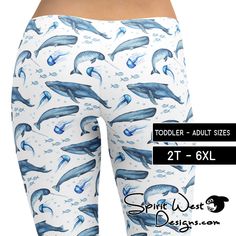 Whale Jelly Fish Leggings - A cute Ocean Marine design.  Would make a cute Halloween Costume.  This cool pattern comes in a variety of different styles,  capris, yoga pants, shorts and Adults plus size leggings.  We also have sizes for kids and toddlers and a men's style with a gusset included.  The soft fabric and flattering fit mean that these leggings are perfect for evening runs, lounging on the couch, or everything in between. Spirit West Designs strives to provide sustainable, eco friendly Halloween Running Costumes, Marine Design, Plus Size Cosplay, Running Costumes, Jelly Fish, Polyester Spandex Fabric, Eco Friendly Clothing, Cute Halloween Costumes, Plus Size Leggings