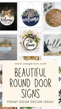 the words beautiful round door signs are shown in many different styles and sizes, including wreaths