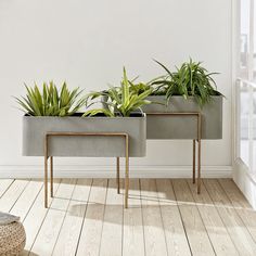 two planters sitting next to each other on wooden floors