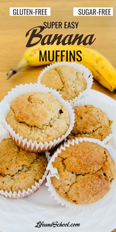 banana muffins on a white plate with bananas in the background and text overlay reading gluten - free easy banana muffins