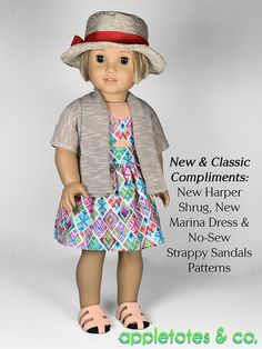 an american girl doll wearing a dress and hat with the words new & classic compliments