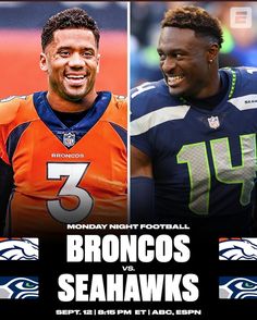 two football players are smiling for the camera, one is wearing an orange and blue uniform