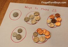 four different types of coins on a piece of paper with the words, ways to make 25 cents