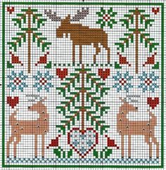 a cross stitch pattern with deers and hearts