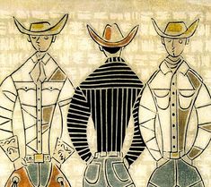 three men in cowboy hats are standing next to each other, one wearing a hat