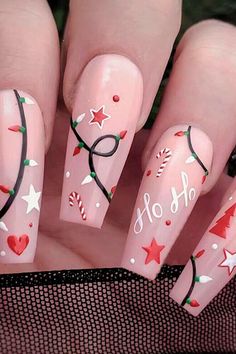 Long Coffin Nude Christmas Star Press on Nails Design Nail Art Noel, Xmas Nails, Christmas Nail Designs, Christmas Nail, Christmas Nail Art, Artificial Nails, Nail Accessories