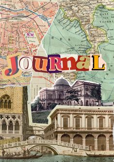 a collage of images with the word journal written in different languages and pictures of buildings