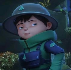 an animated character wearing a green jacket and hat