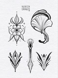 four different designs on paper with ink in the shape of flowers and leaves, including an umbrella